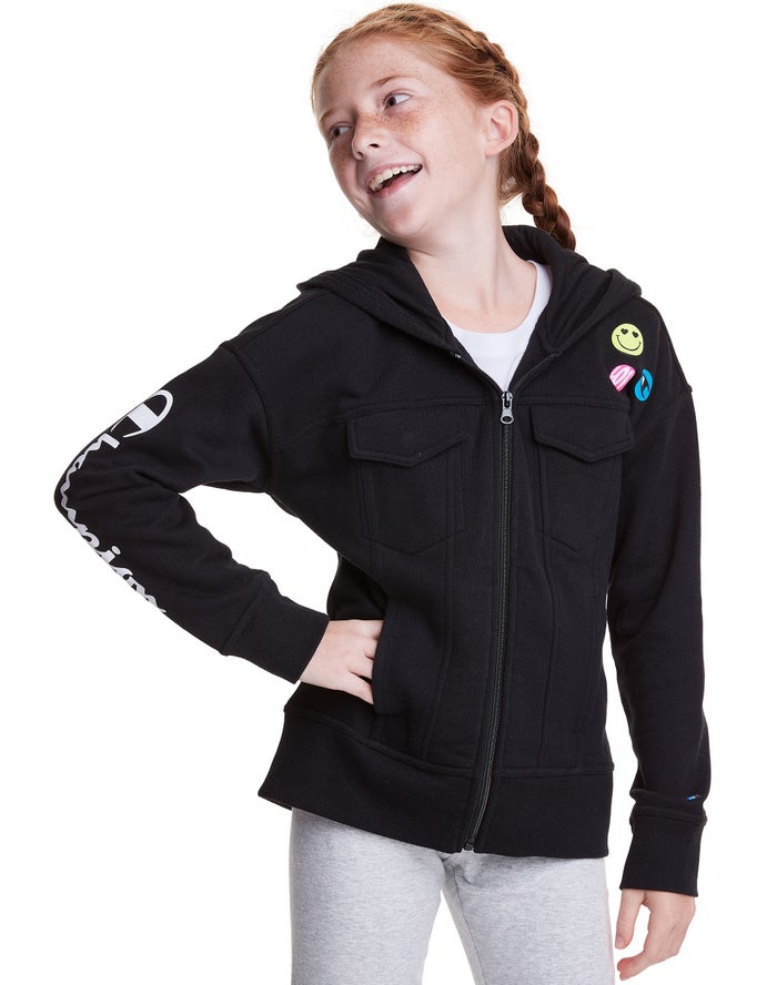 Champion Fleece Full Zip Smiley Face Hoodie Meisjes - Zwart - Belgie 4751UAMWC